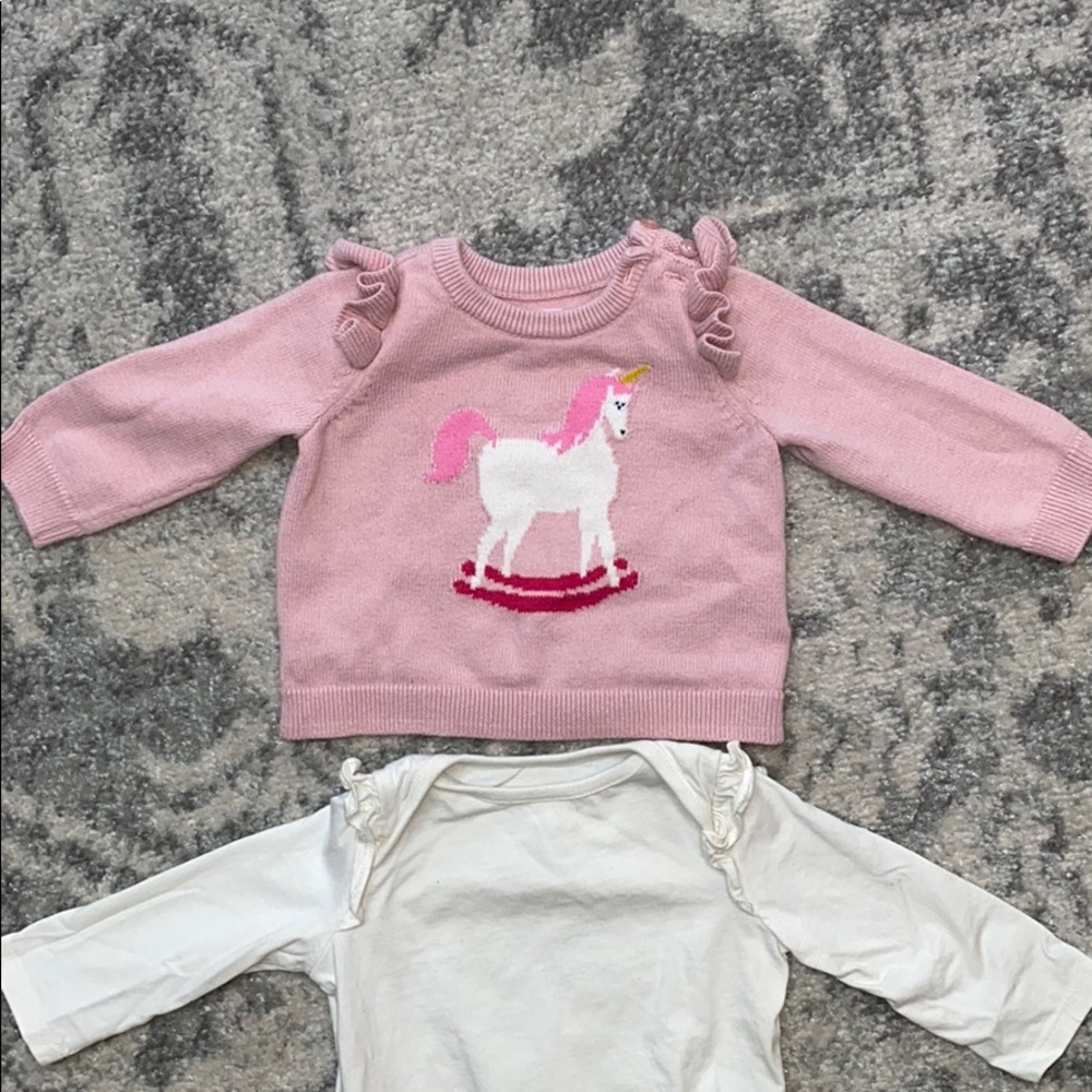 GAP unicorn sweater and ruffled shoulder bodysuit